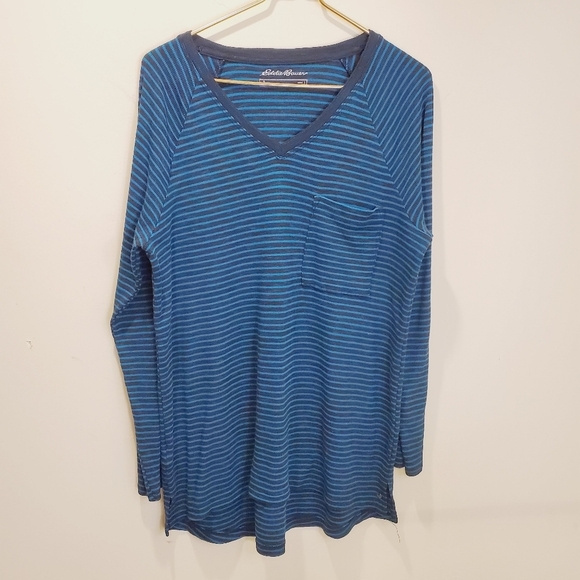 Eddie Bauer stripes V Neck Blue  sweater size L - Picture 2 of 7